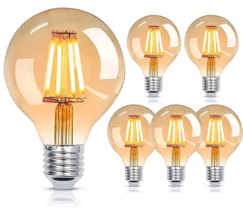 YUNRRD Vintage Light Bulb E27 Screw LED Edison Bulb,4W(40W Equilavent) G80 E27 Edison Screw Light Bulbs,Warm White 2700K ES LED Filament Bulbs,Antique Style Retro Amber Glass Screw Lamp,400LM,6 Packs