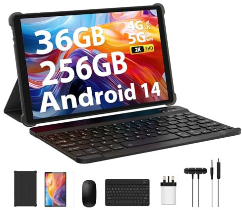 FLYCOAY 10.4 Inch Android 14 Tablet PC 36GB RAM+256GB ROM (2TB TF) Octa-Core,2000 * 1200 FHD INCELL,4G LTE+5G WiFi,8000mAh,13MP+8MP,Tablet with Keyboard,Mouse(Black)