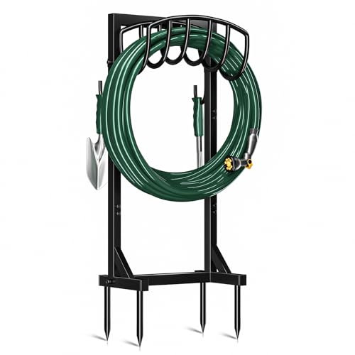 Kesfitt Gartenschlauchhalter mit 4 Spikes und 2 Werkzeughaken, abnehmbare, robuste, freistehende Schlauchtrommel, Outdoor-Organizer für Rasen, Hof, Wasserspeicher