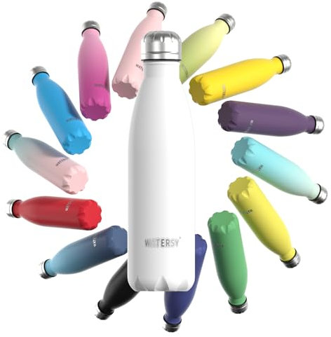 Stainless Steel Insulated Water Bottle, WATERSY Double Walled Metal Vacuum Flask Keep 24 Hrs Cold & 12 Hrs Hot Thermal Metal Sports Bottles 500ml BPA Free for Outdoor, Work, Gym, School (White)