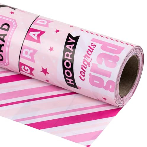 Holijolly Graduation Reversible Wrapping Paper Roll - Pink Mini Roll - Trencher Cap & Stripe Design - 43.2 CM x 10 M (46.45 sq.ft.)