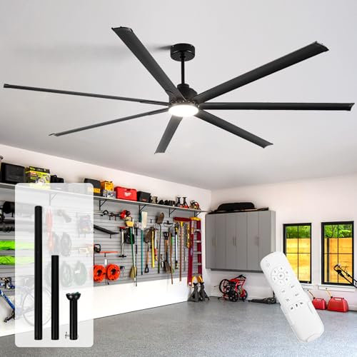 Minislak - Ventiladores de techo industriales de 96 pulgadas con luz, ventilador de techo HVLS negro con motor reversible de 6 velocidades, ventilador de techo alto CFM para interiores y exteriores