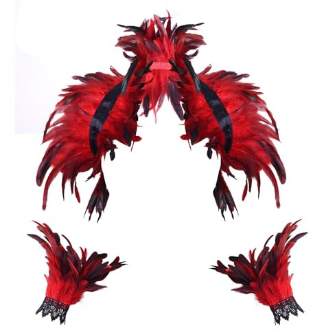 Federkragen Shawl Harness,Federumhang Epauletten,Damen Feder Cape, Gotische Feder Schultern Schal Kragen Bunte Kostüm Bühne Schal Choker Karneval Maskerade Cosplay (rot)