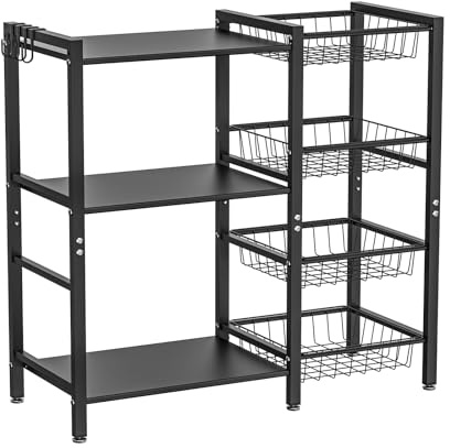 Hastatii Storage Rack Kitchen Baker's Rack - 3 Tiers 4 Baskets, Utility Coffee Bar, Air Fryer Stand with Steel Mesh Baskets