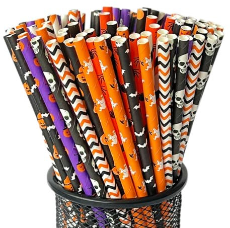 YAOSHENG 200 pajitas para papel. La decoración de fiesta de Halloween es biodegradable. Pajita desechable ecológica. Ecológico. 10 puntas mixtas, cráneos, calabazas, murciélagos, etc. (200)