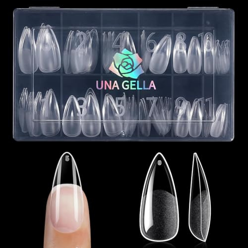 UNA GELLA Capsule Américaine Ongle Stiletto Moyenne, 120 PCS 12 Tailles Full Cover Capsules Ongles, Soft Gel Pré-Limé, Claires, Press-On pour DIY et Salon