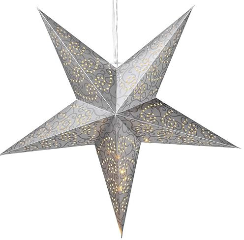 Bambelaa! Estrella de papel plegable de Adviento con 15 luces LED de color blanco cálido y temporizador para colgar de papel con cable de 50 cm aprox. 60 cm, color plateado