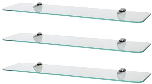 Harbour Housewares Rounded Floating Glass Bathroom Shelves - 60cm - Clear/Chrome - 3x Wall-Mounted Kitchen Bedroom Shower Room Décor Caddy Towel Storage Organiser Shelving Rack with Brackets