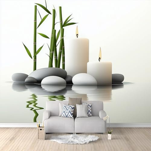 Fotomurales Velas Bambú Guijarros 400x280 cm Papel Tapiz Fotográfico no tejido 3D Moderna Fondo De Pantalla Mural Decoración De Pared Sala Cuarto Oficina Salón