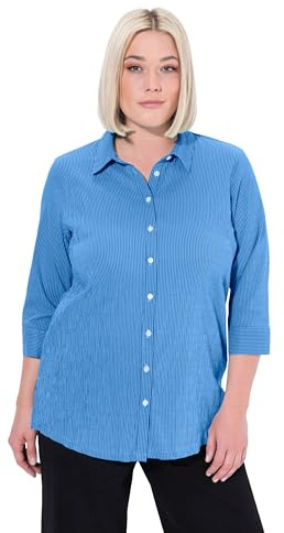 Ulla Popken Camicetta da Donna, Taglie Forti, con Bolle, a Righe, Colletto Camicia, Maniche a 3/4, Blu Cobalto, 52/54