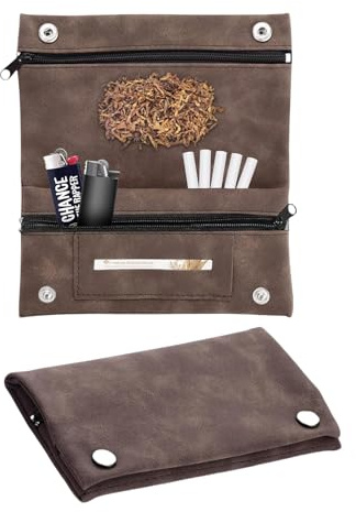 GUOYOU Tobacco Pouches, Premium Leather Tobacco Pouch, Handmade Cigarette Case Bag, Waterproof Portable Tobacco Bag, with Magnetic Buttons and Zip, for Father's Day Gift (Brown)