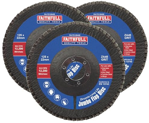 Faithfull FAIFD12540Z3 - Set di dischi lamellari in zirconio da 125 mm, grana 40, dischi abrasivi per smerigliatrice angolare per levigatura di metallo, legno, plastica, 3 pezzi