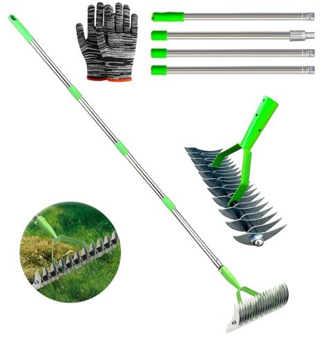Vertikutierer Rechen mit Stiel 160cm, Schneidrechen Garten, Moosrechen, Vertikutierrechen, Verstellbarer Handvertikutierer, Bodenrechen zum Reinigen von Totem Gras, für Garten, Hof, Rasen