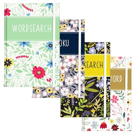 Sixstore A6 Pocket Travel Set of 4, Sudoku, Word Search, Crossword Puzzle Book, Size 15 x 10.5cm with Elastic Band, Floral