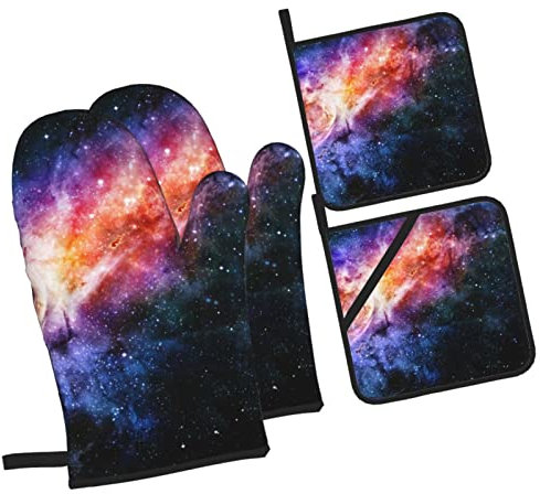 4 Pezzi Presine E Guanti Da Forno Galaxy Aurora Space Nebula Guanti Forno Antiscivolo Divertenti Guanti Da Cucina Per Microonde, Barbecue, Cucina