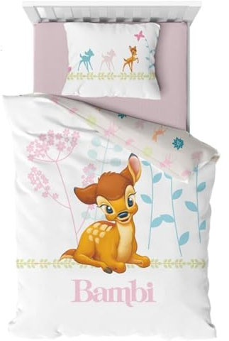 Disney Bambi Babybettwäsche 100x140 cm – 100% Baumwolle 2-teilig – Kissenbezug 40x60 cm – Atmungsaktive Babybettwäsche mit Bambi-Motiv – Mädchen Bettwäsche Set fürs Babybett