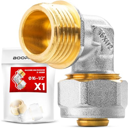 BOOPARTS – 1 Stück – Schraubfitting Winkel 16 mm x 1/2 AG | Außengewinde-Winkel Messing | Gewindefitting | Für Mehrschichtverbundrohre | Sanitär & Heizung