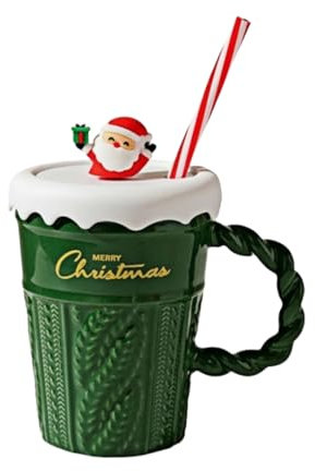 HUMOCHUSON Tasse Amusante Tasse En Céramique De 400 Ml Avec Couvercle Et Paille En Forme De Sapin De Noël Du Père Noël