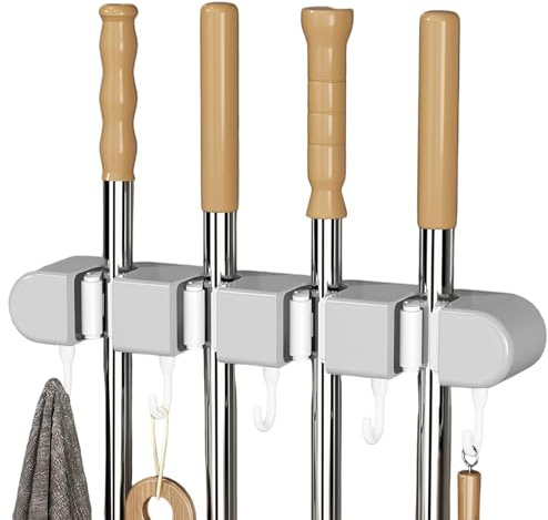 PARFCO Besenhalter, Selbstklebend Gartengeräte Halterung, Grau Besenhalterung, 4 Clips Und 5 Haken Halterung Gartengeräte, für Küche, Garage, Garten, Balkon
