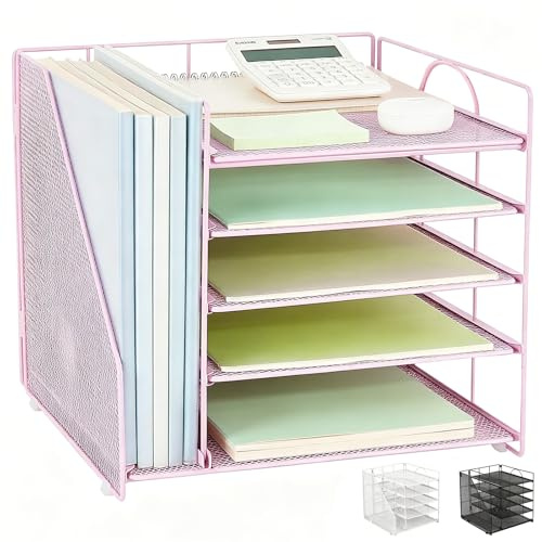 Pygocereri Schreibtisch Organizer und Zubehör, 5 stöckige Papierablage mit Aktenhalter, büro Organizer für Büro Bedarf Dokumentenablage (Rosa)