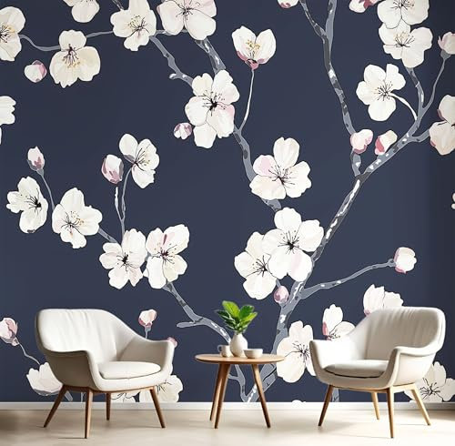 Carta Da Parati Fotografica Fiori Di Ciliegio Acquerellati Premium Seta - Semplici Piante Cinesi - 150X105Cm - Fotomurali Decorazione Murale Moderna Blu Poster Gigante Camera Da Letto Soggiorno