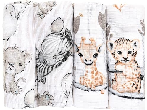 FENSILO Spucktücher Mullwindeln 4er Pack 70x80cm Mulltücher Baby Stoffwindeln für Jungen und Mädchen beige-Olifant