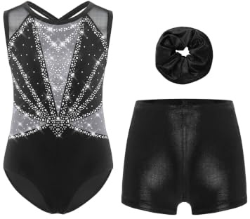 Xnihocha 3Pcs Mädchen Turnanzug Glitzer Gymnastikanzug Ärmellos Ballettanzug mit Shorts Kurze Hose und Stirnband Ballett Tanzkostüm