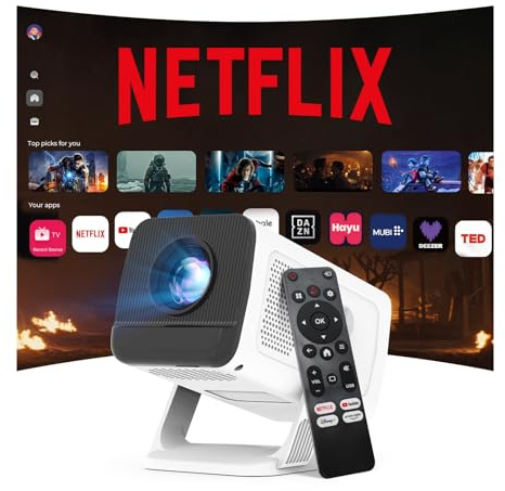 [Compatible with Netflix] Mini Beamer 1080P 4K Unterstützung Auto Keystone Android 13 OS Smart Projektor Google Cts-Zertifizierung WiFi 6 Bluetooth 5.4 Kompatibel mit iOS/USB/HDMI LYNCAST N300
