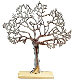 Modern Tree of Life Decor – 42cm Silver Metal Tree Sculpture on Wooden Stand – Decorative Tabletop Centerpiece for Living Room, Office, Entryway – Home Décor Gift
