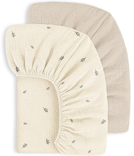 Susurration 100% Algodón Muselina Juego de 2 Sábanas Bajeras Ajustables para Niños para Cuna de Viaje Sábana Bajera Ajustable para Cama Auxiliar 60x120 cm/70x140 cm (Beige Leaf, 60x120cm)