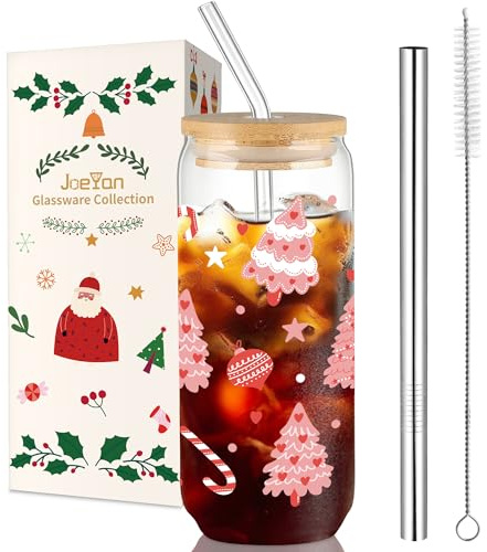 Joeyan 600ml Verres à Eau de Noel Avec Couvercles et Paille,Verre à Boire en Rose Sapin de Noël et Clochettes,Gobelet a Cafe,Pour Matcha,Bubble Tea,Smoothie,Cadeau Esthétique pour Femmes,Mères,Amies