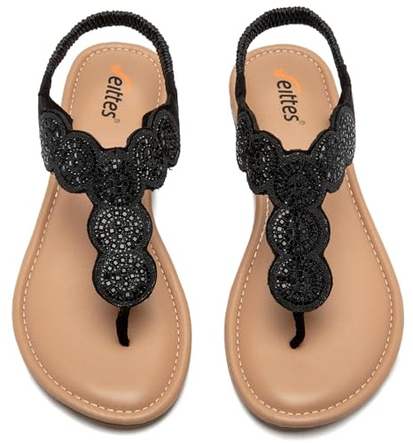 Veittes Sandali da donna Bohemian piatti – Sandali estivi casual con decorazione di strass, suola in gomma, glitter leggeri e comodi sandali estivi con cinturino alla caviglia, De7004 Nero, 36.5 EU