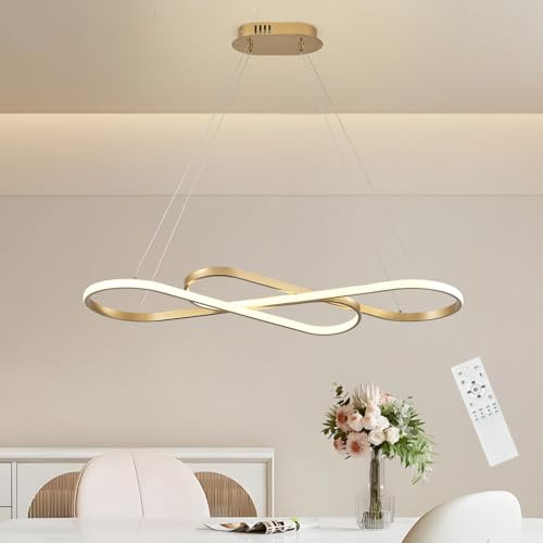 CATINER Moderner LED Hängeleuchte Gold Esszimmer Pendelleuchten 80cm Dimmbar LED Kronleuchter mit Fernbedienung Kücheninsel Linear Hängelampe für Wohnzimmer Hohe Decken 50W