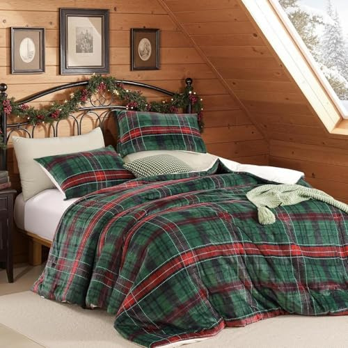 Weihnachts Bettwäsche 135x200 Biber Flauschige Flanell Winter Bettwäsche | ÖKO-TEX Zertifiziert,Grün Kariert Gitter Muster,Bettwäsche für Allergiker,Bettbezug mit Reißverschluss 1 Kissenbezug 80x80