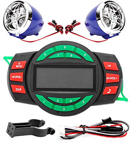 Lettore MP3 per moto impermeabile Altoparlante radio FM Bluetooth, riproduzione USB e scheda TF, ricarica del telefono, chiamate in vivavoce, installazione semplice, display LCD