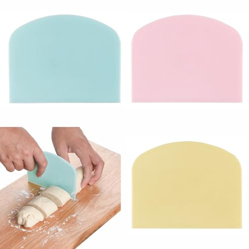 3 Pcs Plastic Dough Scraper Cutter, Bread Scraper, Large Flexible Plastic Multipurpose Nonstick Food Grade Pastry Cutter, Bowl Scrapers, Bench Tool for Baking Bread Cake Pizza (Blue&Pink&Yellow)