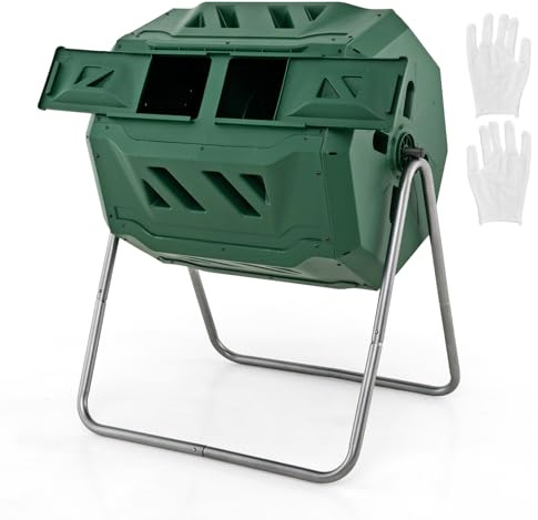 GYMAX Compostador Giratorio de Jardín 160L, Contenedor de Compostaje de 360° Doble Cámara Compostadora con 2 Puertas Correderas, Orificios de Ventilación, para Desechos de Jardín Cocina Patio