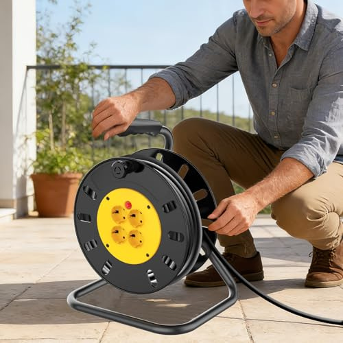 Rollo de cable abierto de 25 metros con 4 enchufes, rodillo de potencia de extensión con soporte, enrollador extensible, corte térmico, potencia de trabajo, enchufe europeo de 13 A