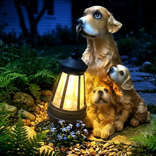 Hunde Gartenfiguren für Außen mit Solar Laterne,Lustige Solarleuchte Wasserdicht,Golden Hund mit Welpen,Gartendeko für Draußen Balkon Terrasse Geschenke für Frauen Mama Papa Geburtstag Hundebesitzer