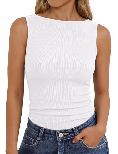 Aottori Camiseta Sin Mangas Mujer Verano Top Canalé Ajustado Camisola Básica Elástica Cuello Barco Liso Slim Fit Vest Blanco S