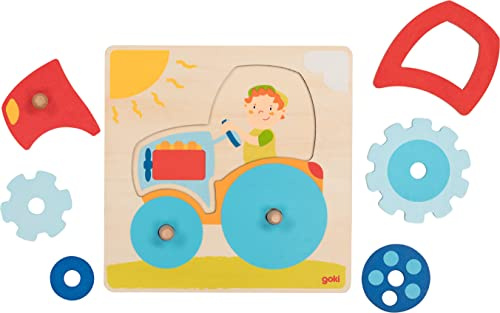 goki 57702 - Steckpuzzle Traktor aus Holz, Greifpuzzle mit niedlichem Trekker Motiv mit Rädern und Bauer, Förderung Motorik und Hand-Augen-Koordination, 20cm x 20cm, 6er Set, ab 1 Jahr
