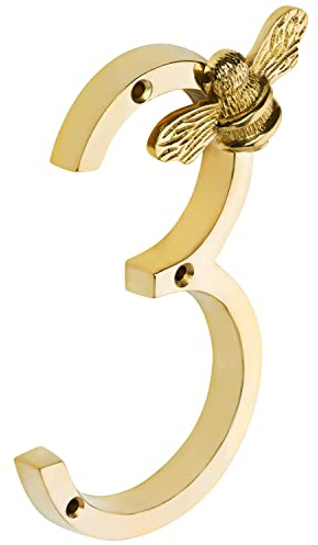 Gold Brass bee House Number with Bee design | 5 inch Modern Door Sign Numbers Signs Plaques | Street Home Address Numerals (3)