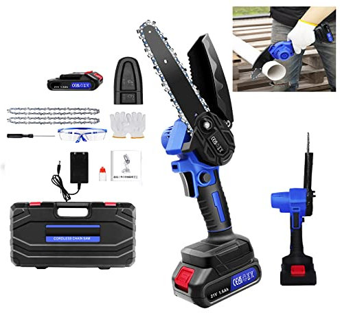 Motosierra sin cable 6 pulgadas Mini Motosierra de batería Recargable de 21V para árboles Ramas Poda Corte de madera, 2200RPM 0-80 mm Diámetro de corte, 1 batería, Accesorios, Caja de plástico