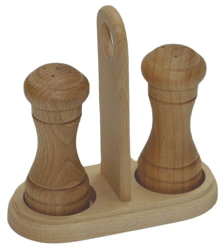 Wooden World - Soporte de madera con salero y pimentero, salero y pimentero, en polvo