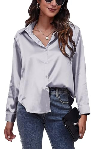 Elegante camisa de seda satinada de manga larga con botones para mujer, camisas de trabajo sedosas, blusas de vestir, blusas de oficina, Plateado (sliver), XXL