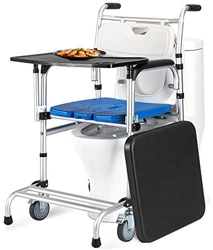 Duschrollstuhl mit Esstisch, Höhenverstellbar Mobile Toiletten mit 4 Bremsrädern, Kommode-Stuhl am Nachttisch Töpfchenstuhl, 150 kg Belastung, 4-Gänge