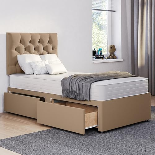 ComfoRest 3FT Single Divan Bed with Mattress, 24 Chester Headboard, Mink | British-made sturdy frame, 91.5 x 190.5cm, plush upholstered finish, 2 spacious drawers, ideal for guest and single use