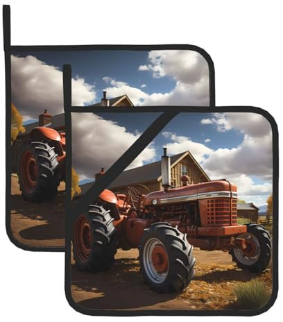 Presine quadrate resistenti al calore con stampa trattore rosso (set da due) 20,3 x 20,3 cm, tessuti di qualità, anti-scottatura e facili da pulire