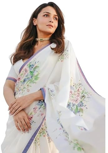 RAJESHWAR FASHION WITH RF Women's Floral Digital Printed Bright Moss Silk Sarees For Fashionable Collage Girls Farewell With Woven Satin Patta Border & Blouse Piece, White, Free Size
