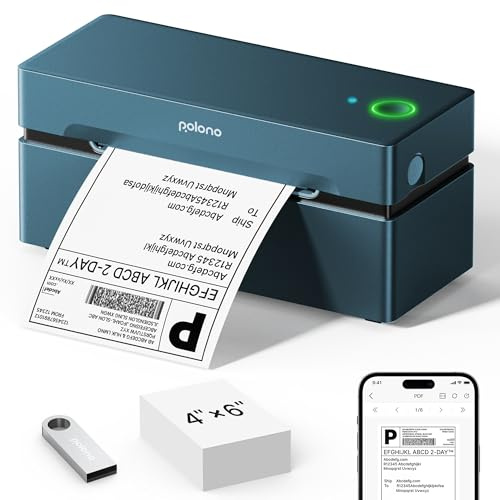 POLONO DHL Etikettendrucker Bluetooth, 4x6 Thermodrucker Versandetiketten Drucker, Ettikettendrucķer Label Printer Kompatibel mit Amazon, Ebay, Shopify, Etsy, USPS, iOS, Android, Windows, Mac (Blau)